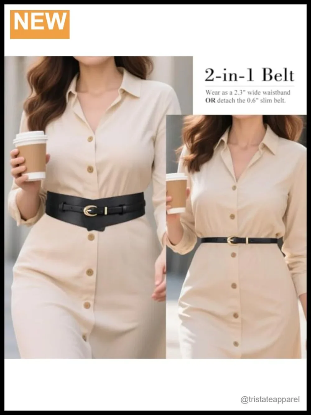 2-in-1 Wide PU Leather Belt for Women with Detachable Skinny Belt, Gold Buckle